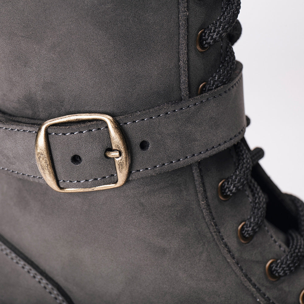 golden buckle strap on high vegan grey boots for omen | NAE Vegan Shoes