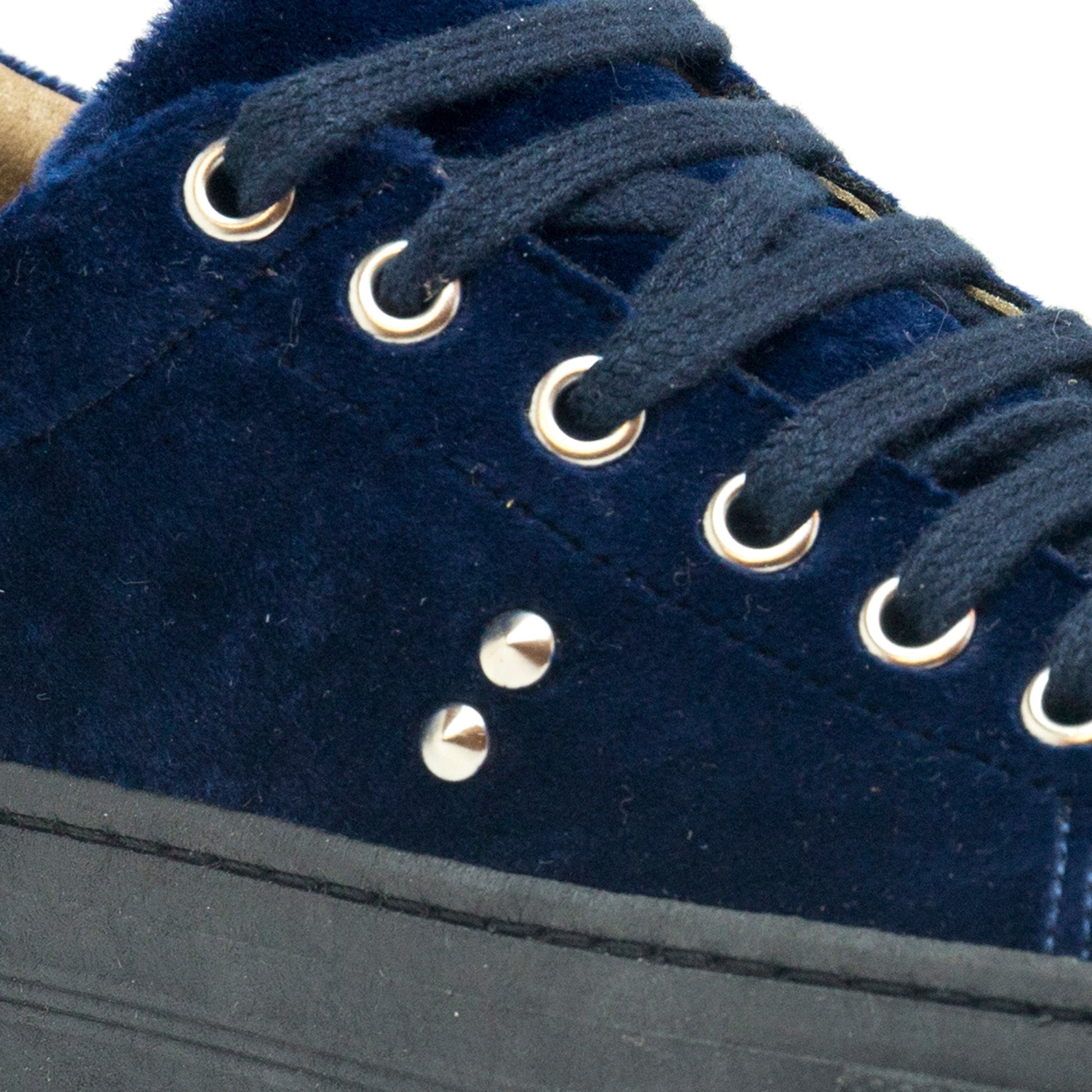 women vegan blue trainers velvet close view lace up | NAE Vegan Shoes