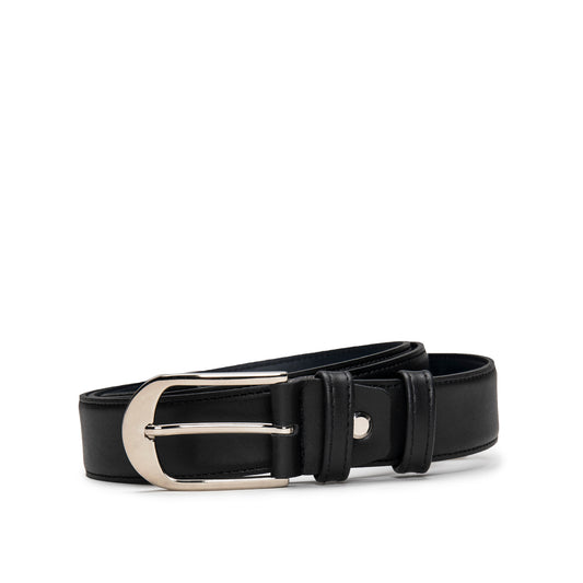 Black dress belt on vegan leather with an oval buckle silverly sleek | NAE Store